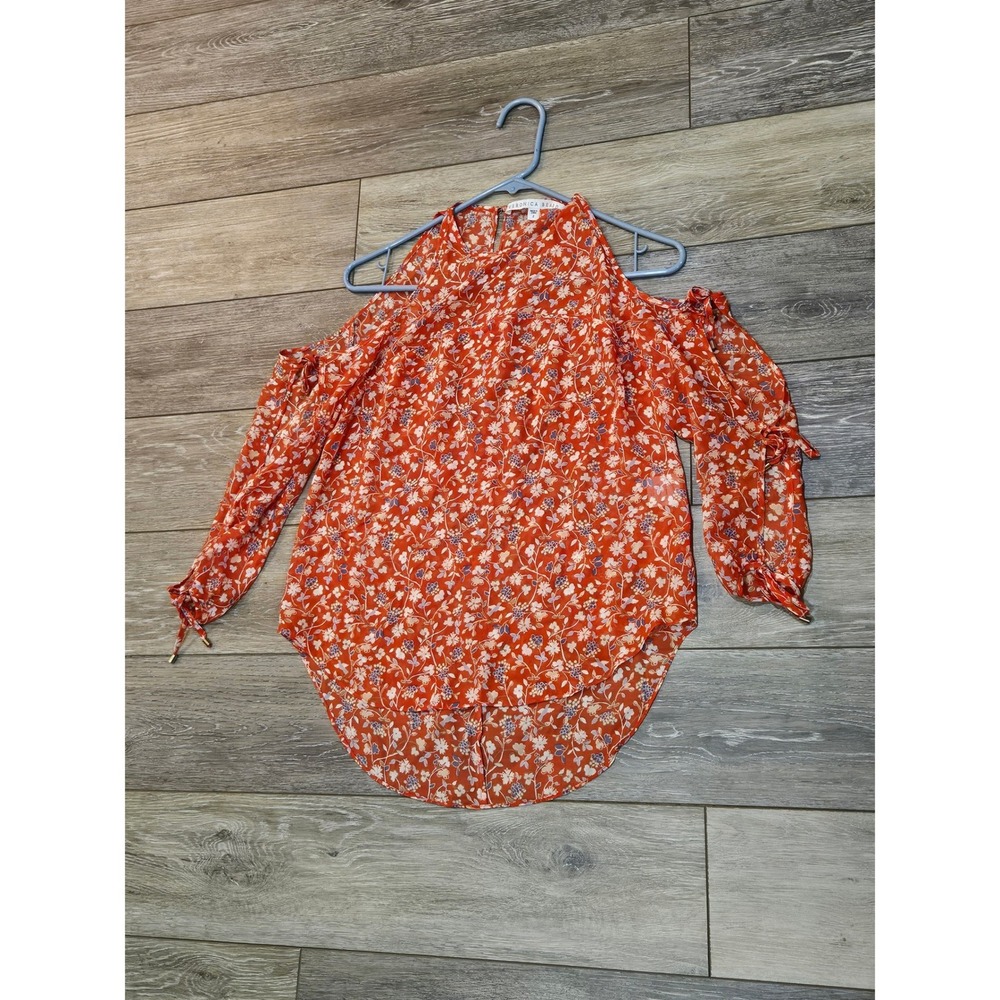 Veronica Beard Orange Floral Silk Cold Shoulder Blouse Top Size 2 WFP4358